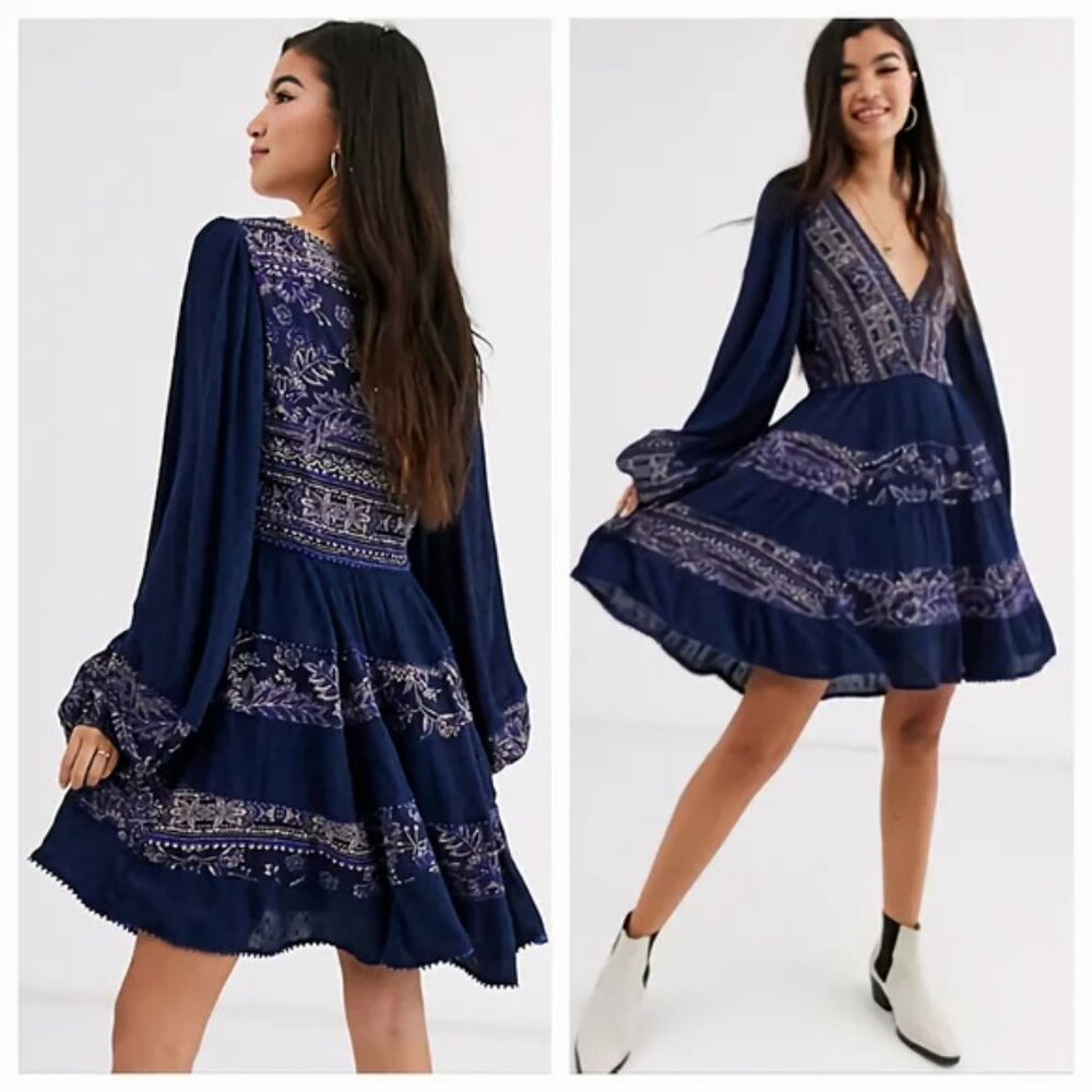 Boho-Style Deep Blue V-Neck Tiered Mini Dress - Picture 15 of 16